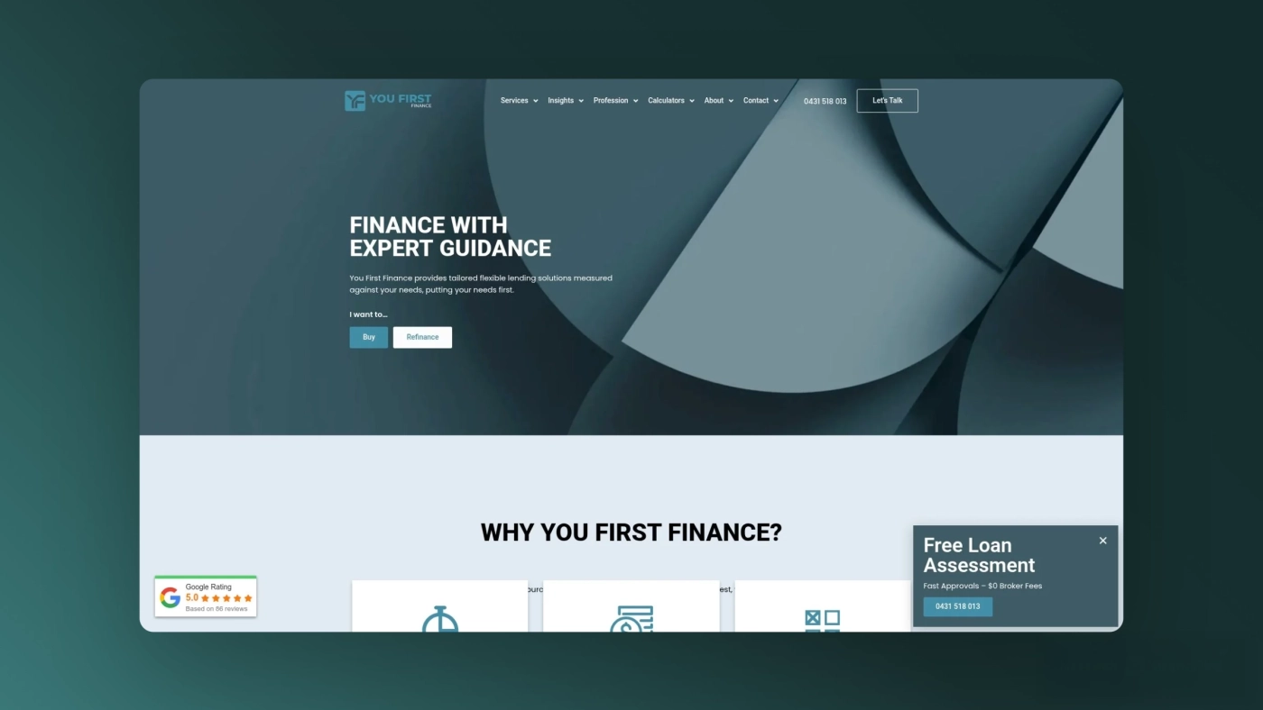 You First Finance homepage screenshot, landing page.