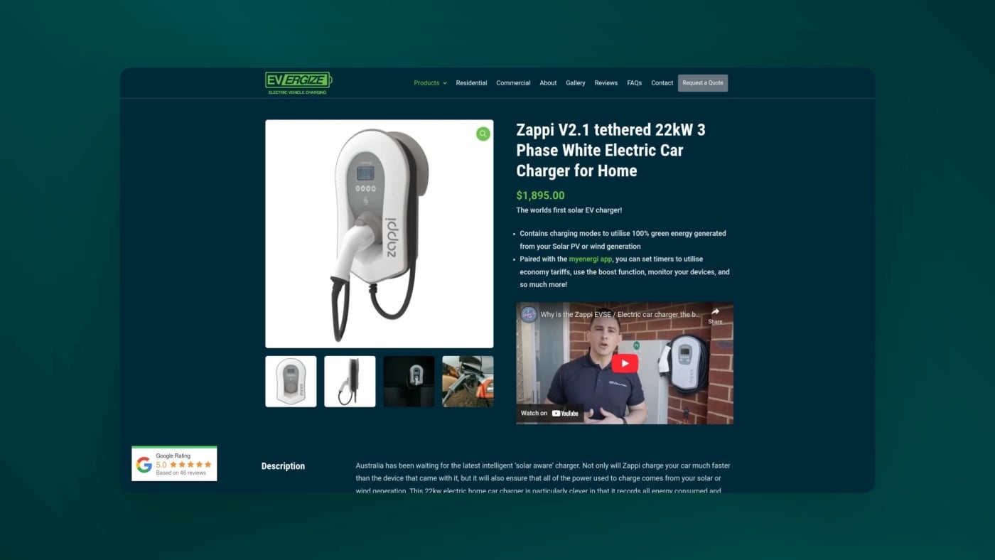 Product page on the EVergize website displaying the Zappi 22kW EV charger with specifications, pricing, and integrated instructional video.