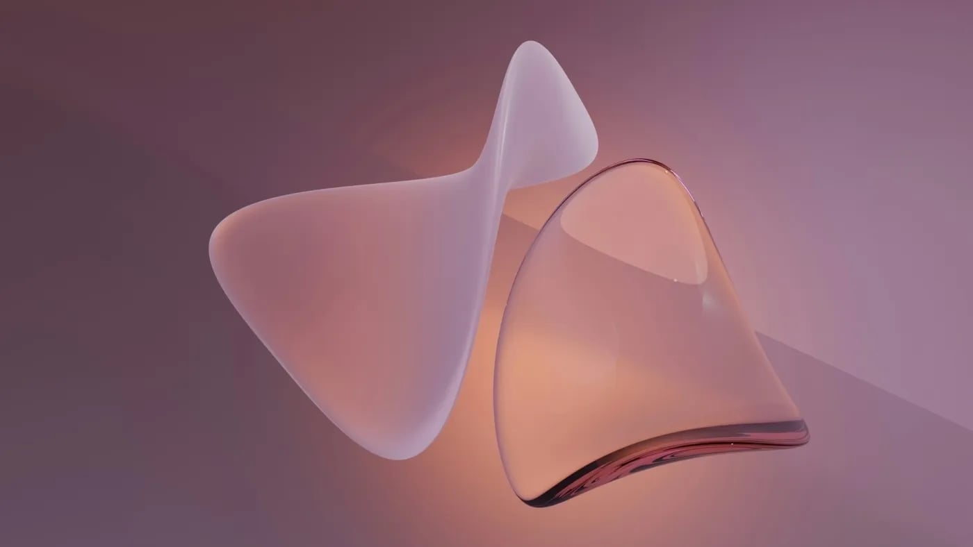 Abstract 3D glass-like shapes in soft pink and purple tones on a gradient background