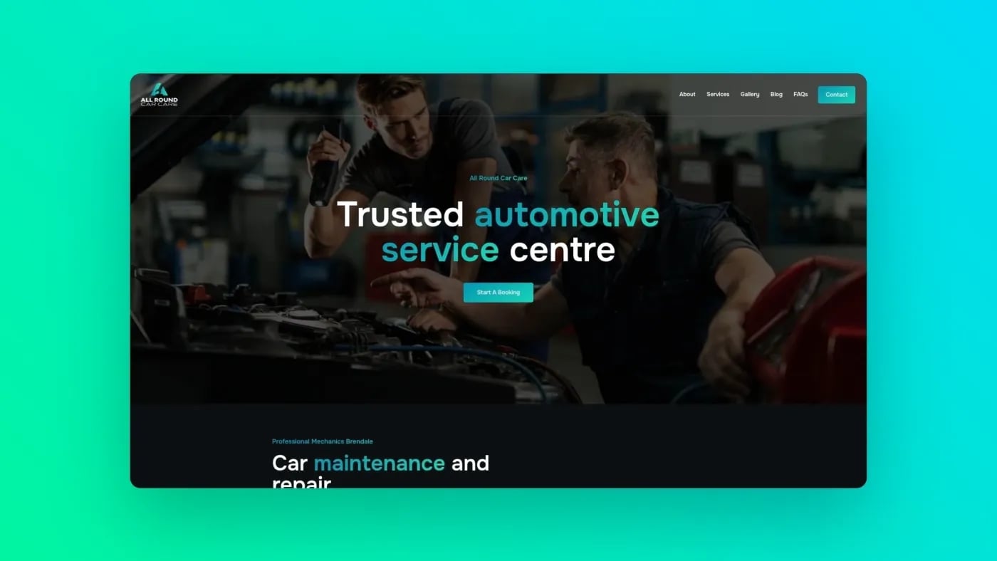 Website homepage of All Round Car Care featuring two mechanics working under a car bonnet with the headline “Trusted automotive service centre.”