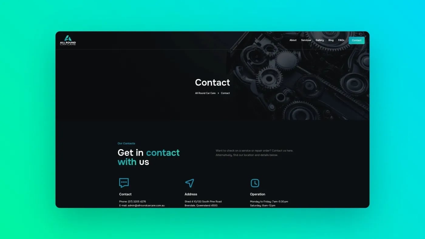 Contact page of All Round Car Care with business details, operating hours, address, and contact form for enquiries.