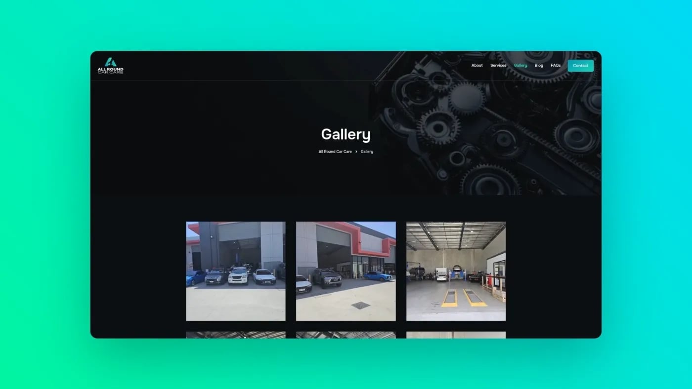 Gallery page of All Round Car Care displaying images of the Brendale workshop exterior, interior, and vehicle service bays.