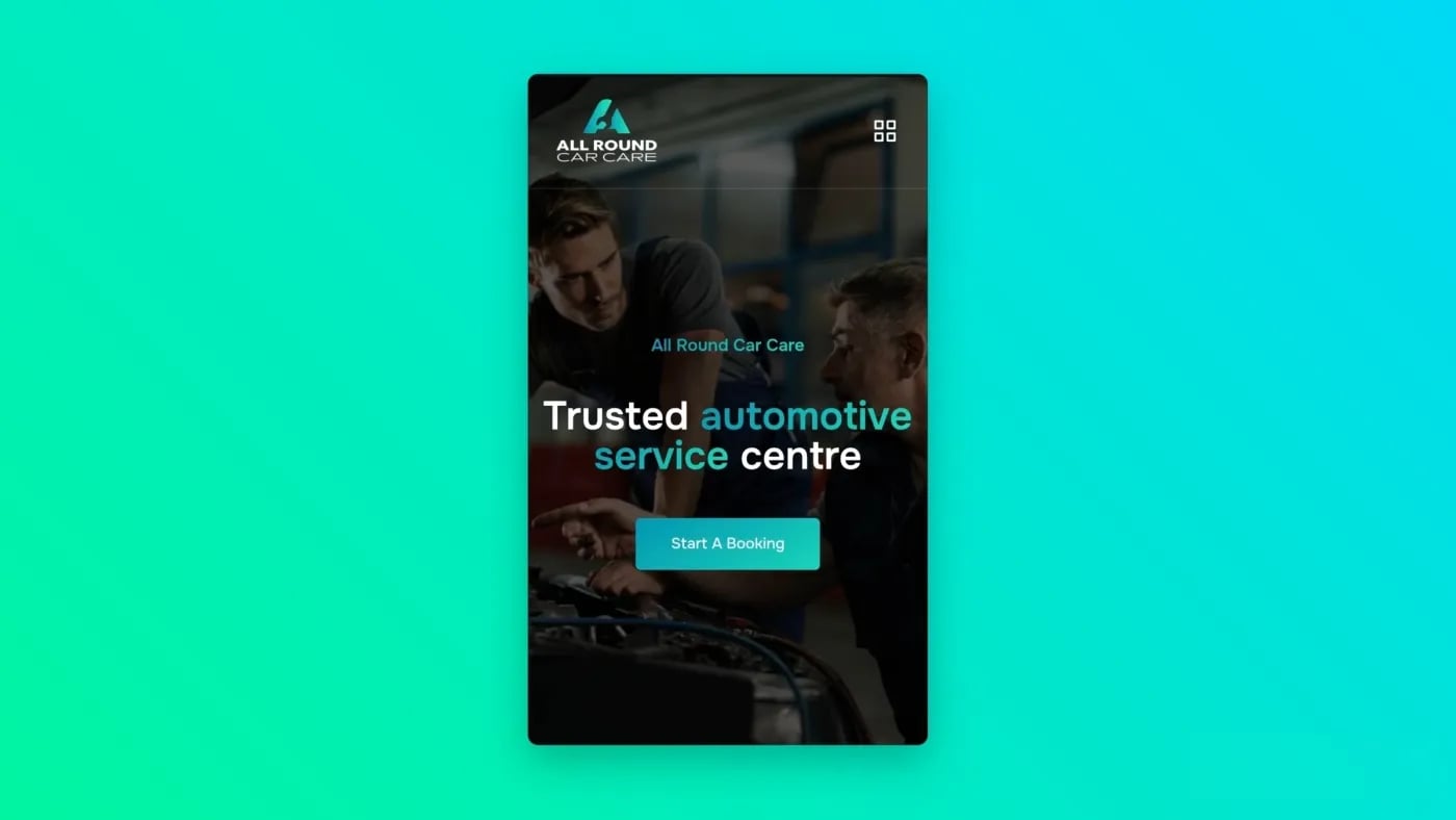 Mobile view of the All Round Car Care homepage showing the business logo and call-to-action “Start a Booking.”