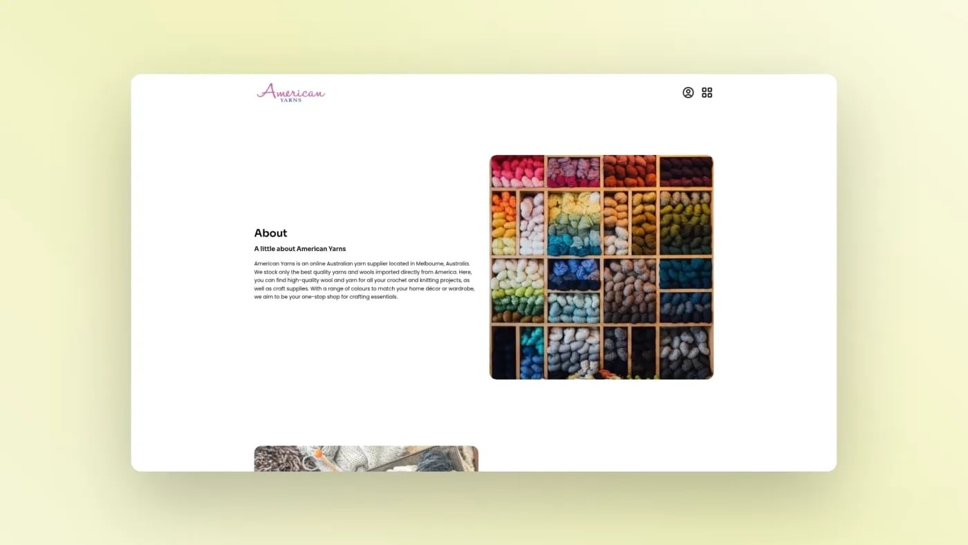 About page displaying a colour-coordinated yarn shelf beside an introduction to American Yarns’ history and mission.