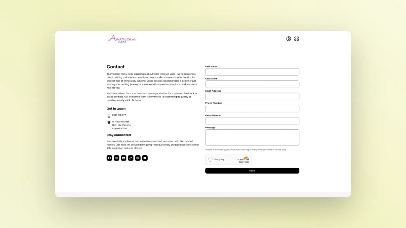 Contact page with form fields, address, phone number, and social links for American Yarns in Glen Iris, Victoria.