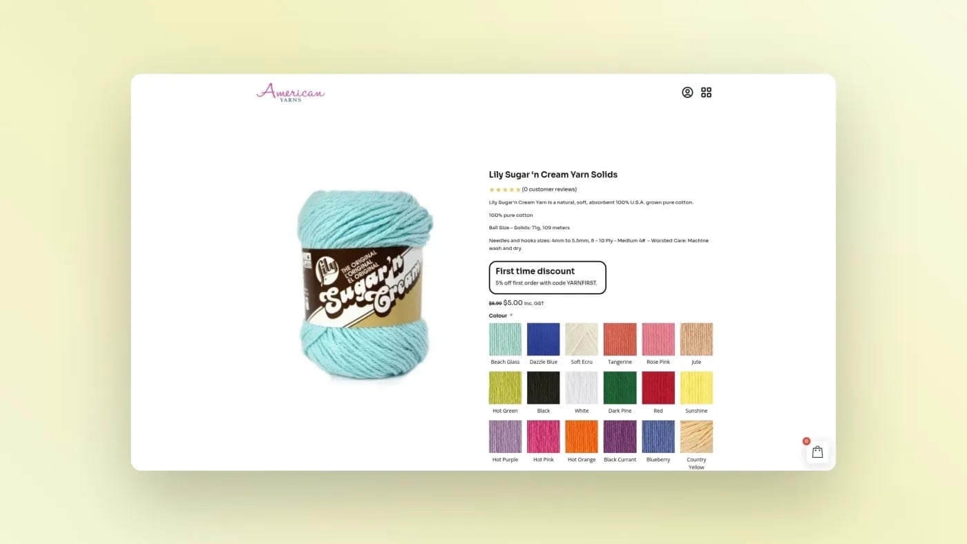 Product page for Lily Sugar ’n Cream Yarn Solids featuring colour options, pricing, and first-time discount promotion.