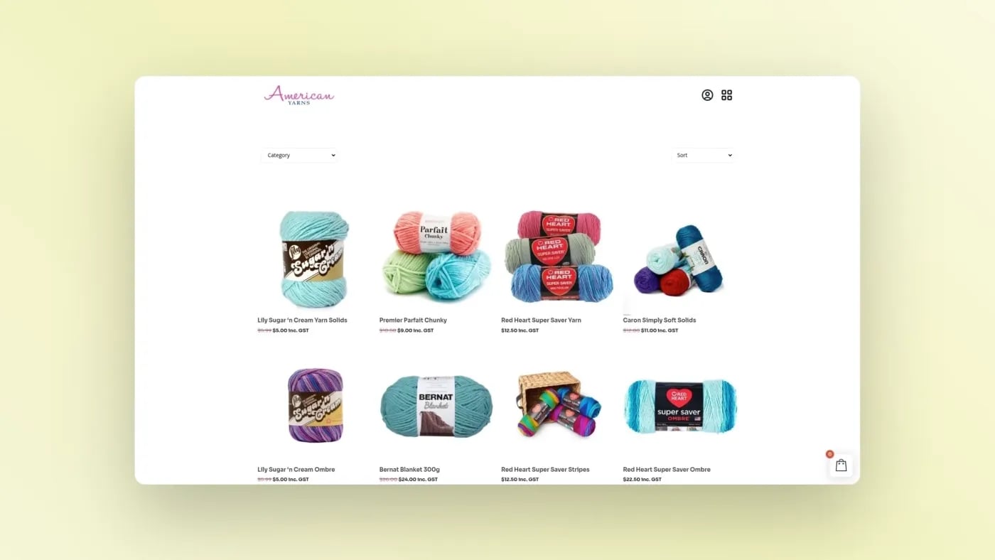 Product listings on the American Yarns website showing multiple yarn brands and colours available for purchase.