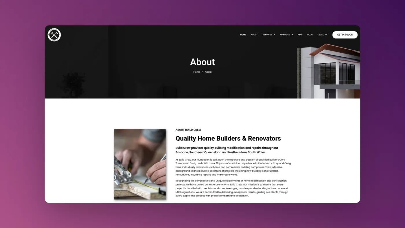 Screenshot of Build Crew’s About page featuring company overview, highlighting expertise in home modifications, insurance repairs, and NDIS construction across Brisbane and Southeast Queensland.