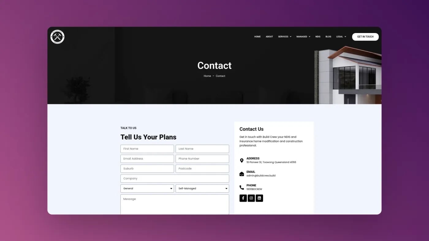 Screenshot of Build Crew’s Contact page showing an enquiry form for NDIS and insurance home modification projects.
