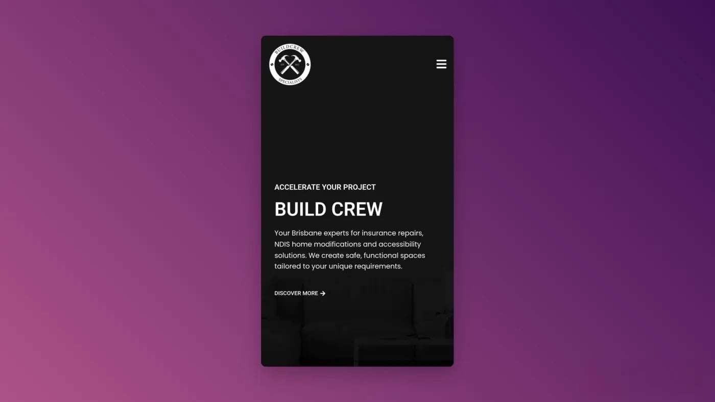 Mobile view of Build Crew’s new website featuring a dark modern interface with white text highlighting Brisbane expertise in insurance repairs and NDIS home modifications.