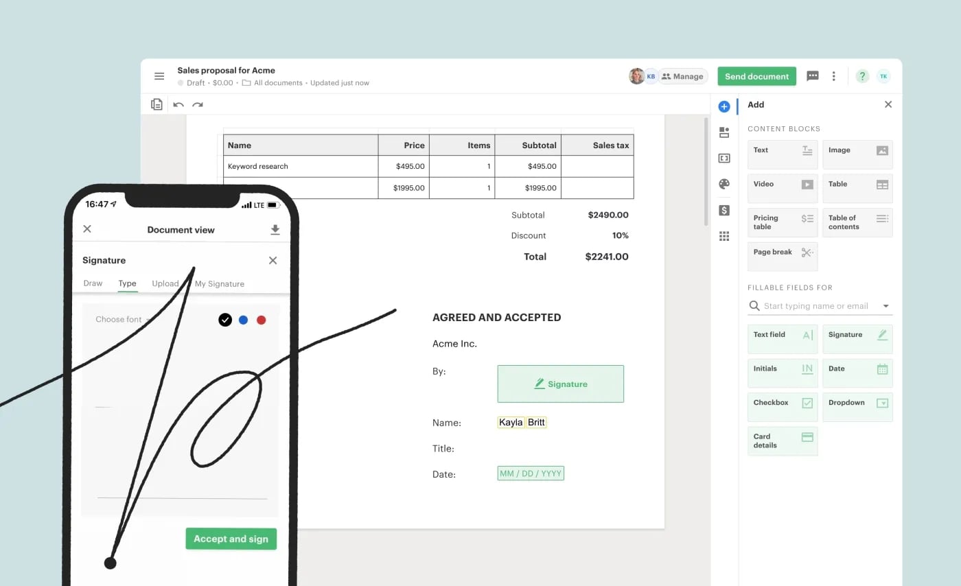 PandaDoc mobile signature screen beside the desktop proposal editor with pricing table and signature block, illustrating cross-device signing.