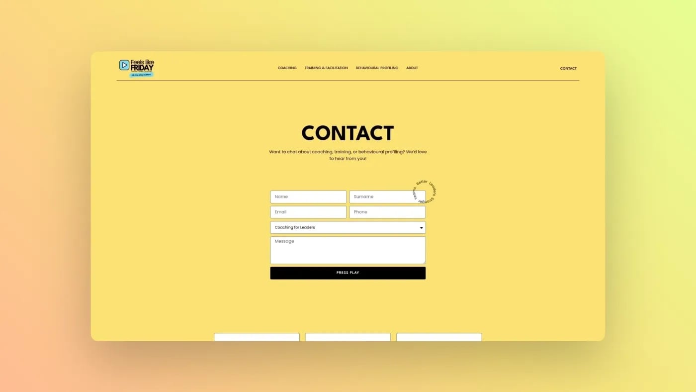 Contact page of Feels Like Friday featuring a form for coaching, training, and behavioural profiling enquiries.