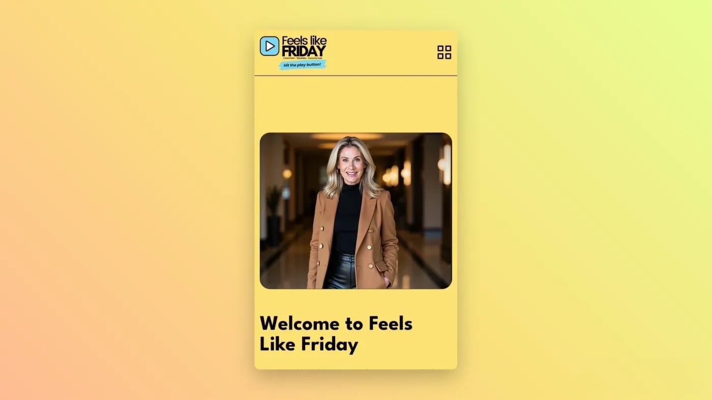 Mobile version of the Feels Like Friday homepage showing Rene Van Delft and the site’s yellow branding with welcome text.