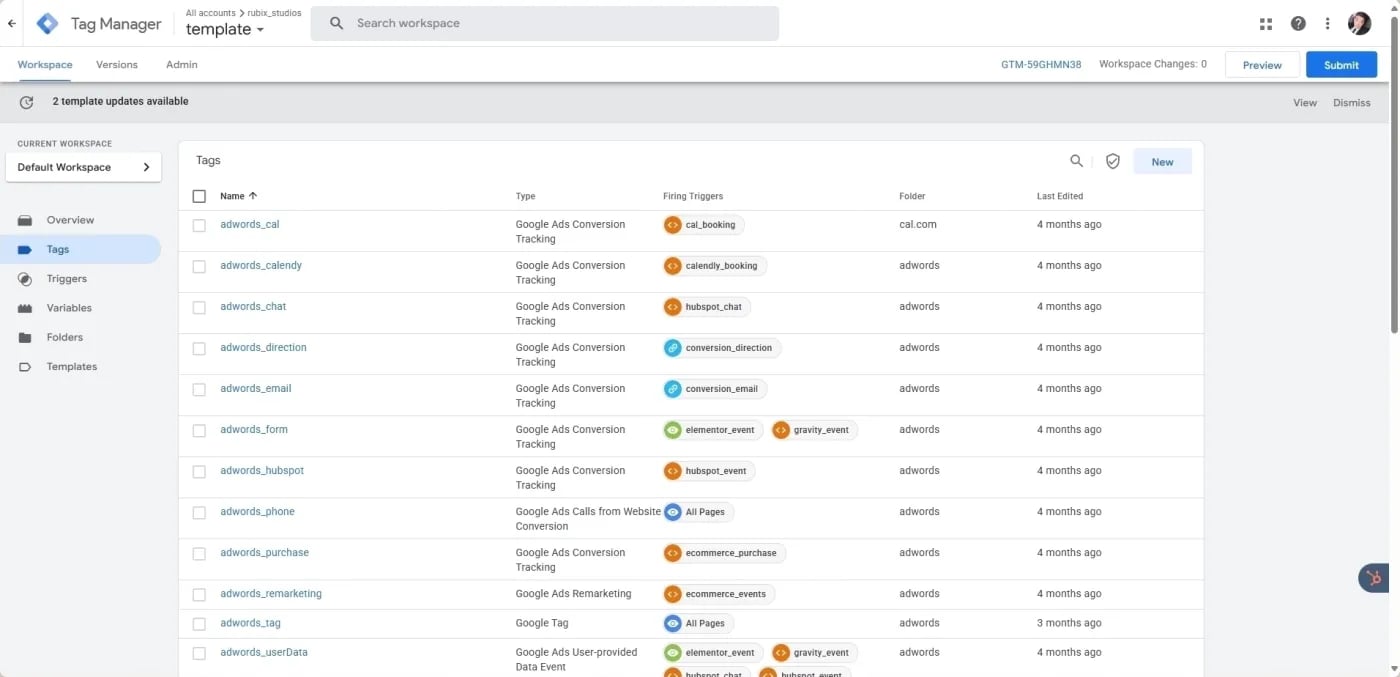 Google Tag Manager Workspace view listing conversion tags, triggers, folders, and recent edits for a marketing account.