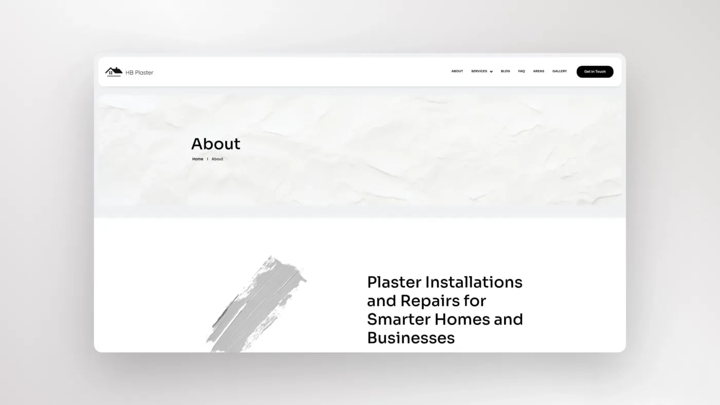 About page of HB Plaster website highlighting company overview, plaster installation expertise, and professional branding.