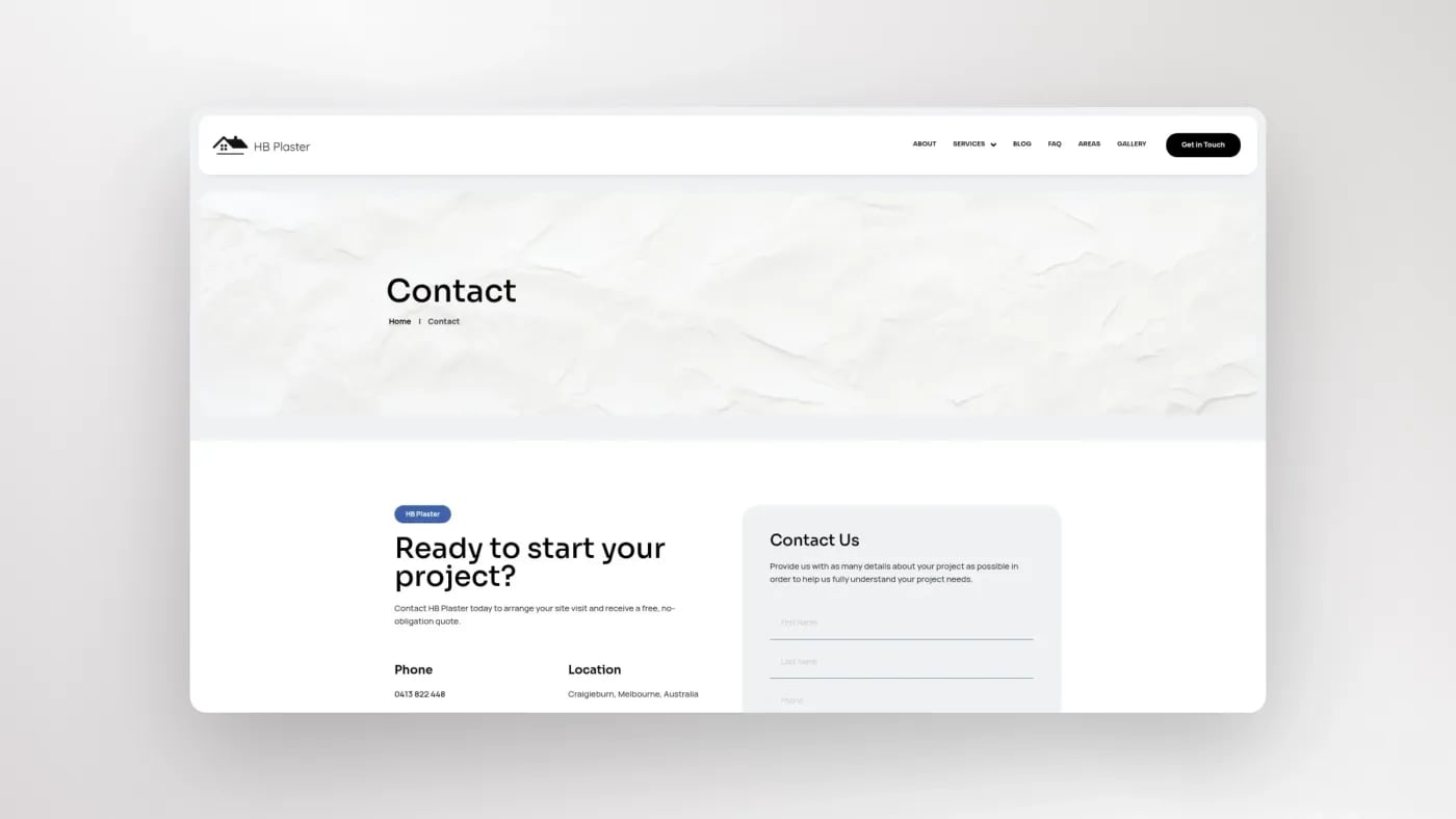 Contact page of HB Plaster website showing project inquiry form, contact details, and Craigieburn, Melbourne location.