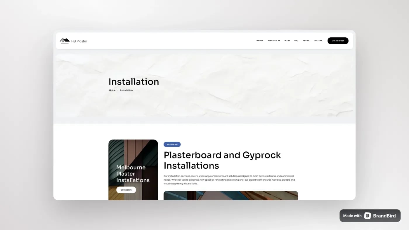 Website page displaying HB Plaster’s plasterboard and Gyprock installation services with clean white background and modern layout.