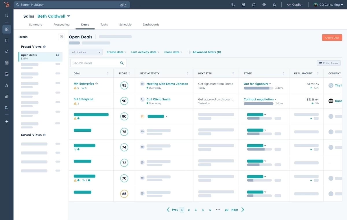 HubSpot Sales dashboard displaying open deals with deal scores, next activities, and deal stages.