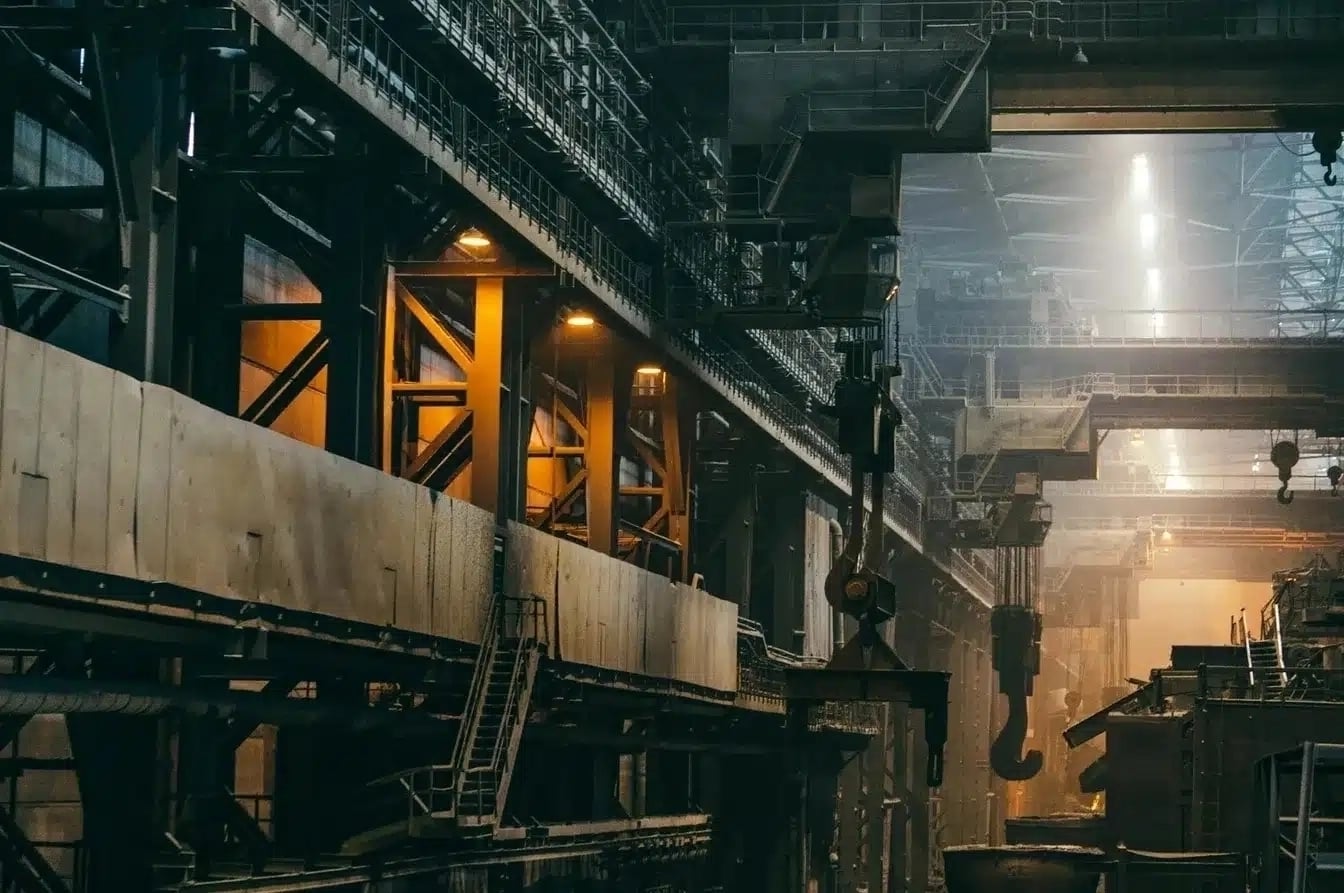 Interior of an industrial steel manufacturing facility with heavy machinery and overhead cranes.
