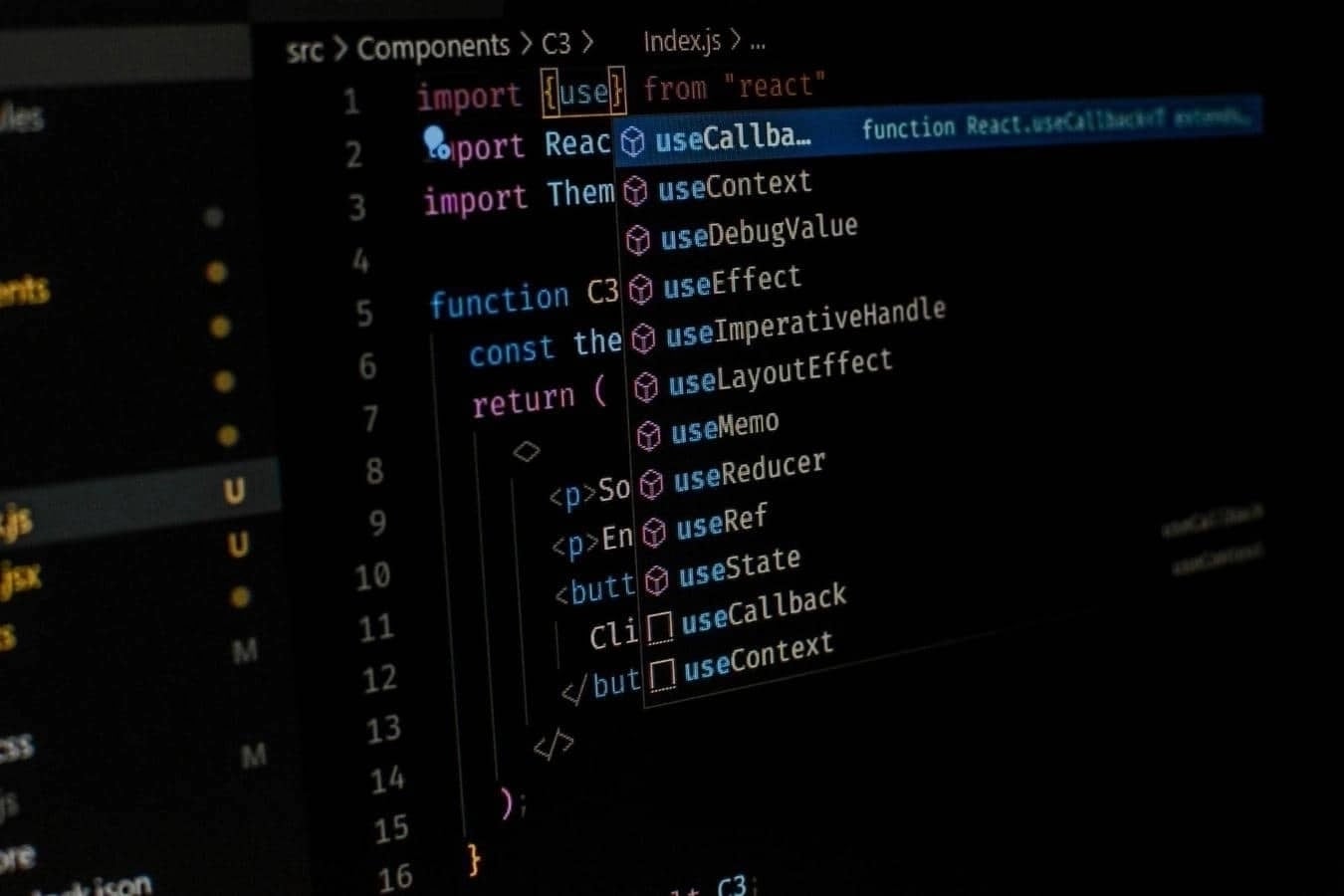 Close-up of a code editor displaying JavaScript React source code with highlighted hooks such as useCallback, useContext, useEffect, and useState.