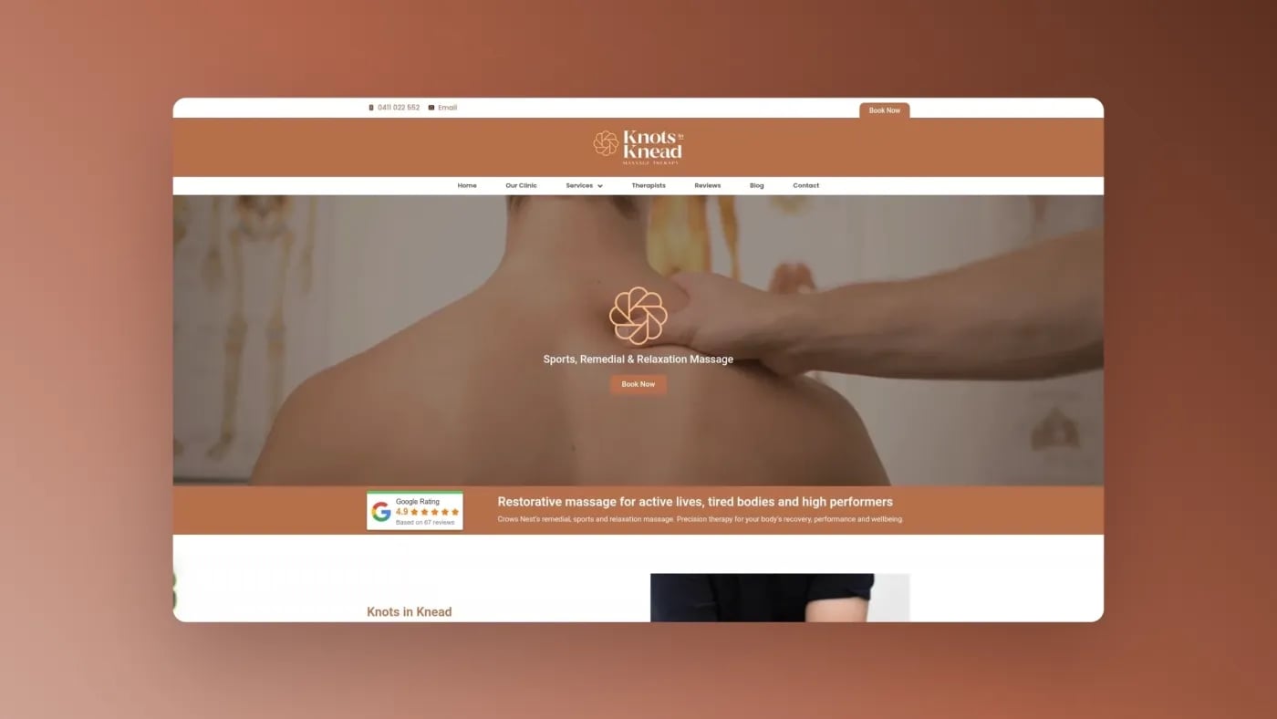 Screenshot of the Knots in Knead homepage featuring sports, remedial, and relaxation massage services with a clear Book Now call to action.