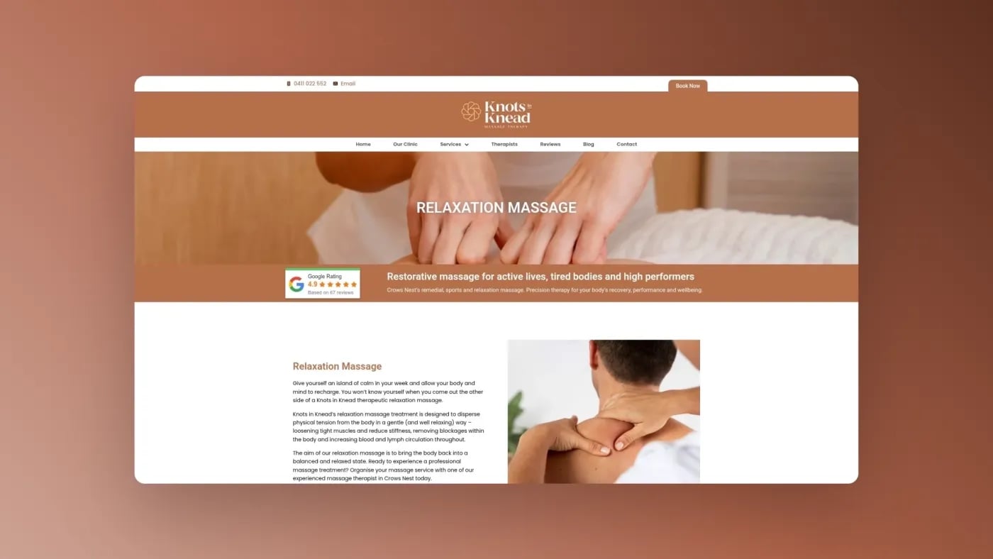 Screenshot of the relaxation massage service page with detailed service information and a hero banner showcasing hands-on massage.