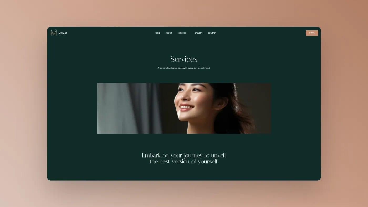 About page of Mi Mai Beauty featuring salon imagery and service overview in a refined layout.