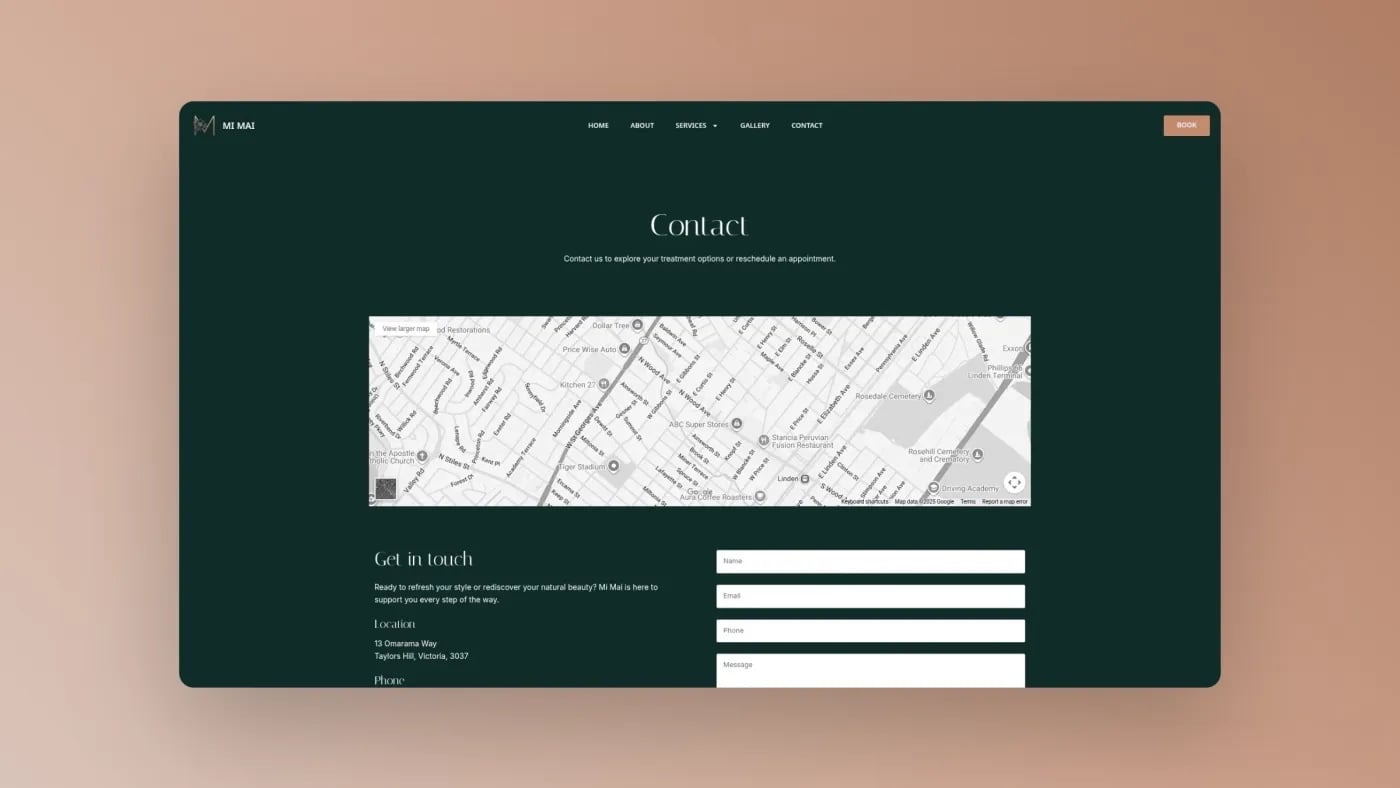 Mi Mai Beauty contact page displaying Google Maps integration and contact form for booking or enquiries.