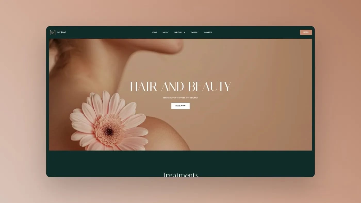 Homepage banner of Mi Mai Beauty highlighting hair and beauty services with booking button.