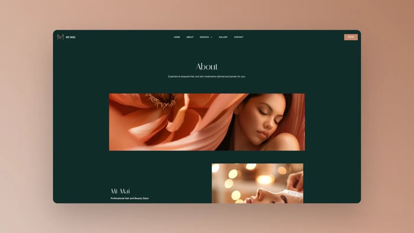 Services page displaying beauty treatment imagery and personalised service message.