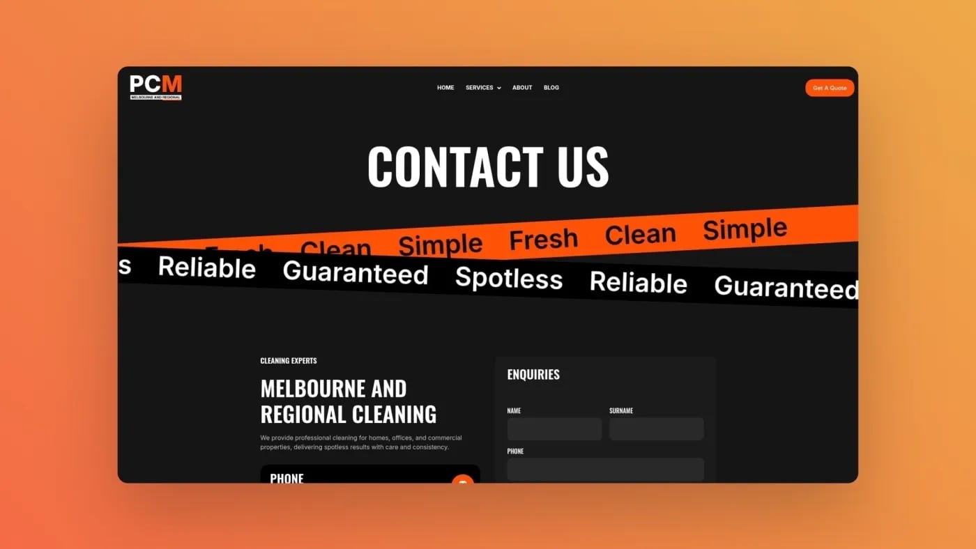 Screenshot of the PCM & Regional Contact Us page featuring a bold black and orange layout with clear enquiry form fields, showcasing the company’s professional branding and user-friendly contact interface.