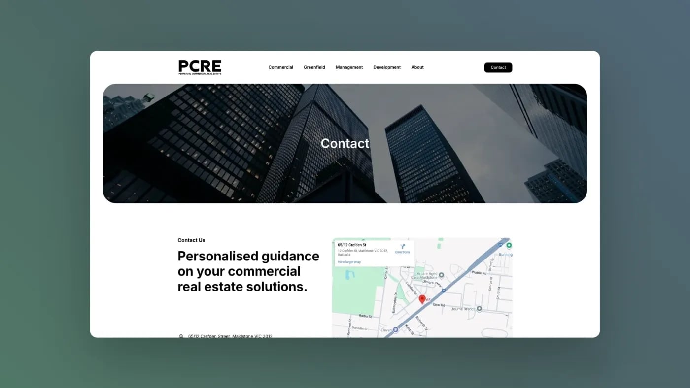 PCRE contact page with skyscraper background and embedded map.