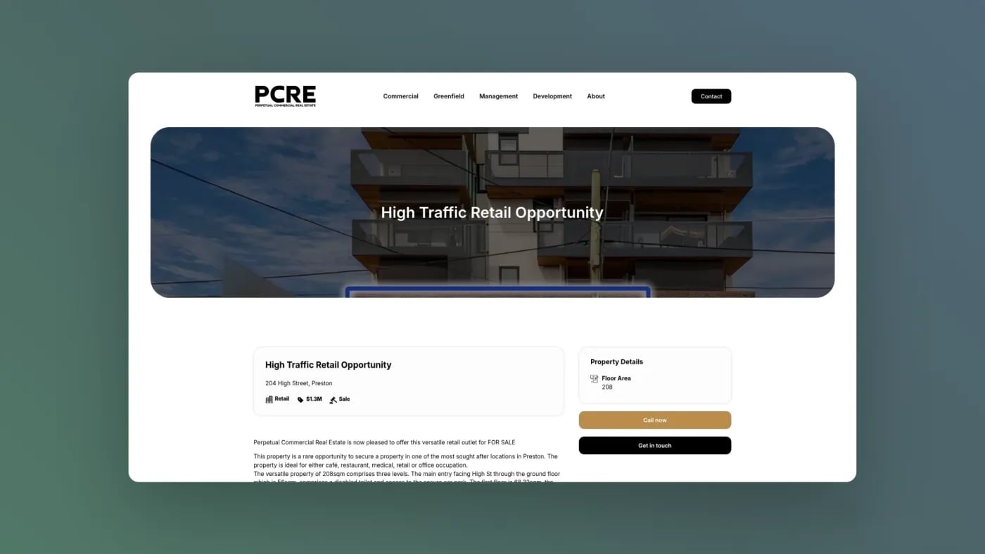 PCRE property detail page in Preston, with property summary, price, and enquiry buttons.