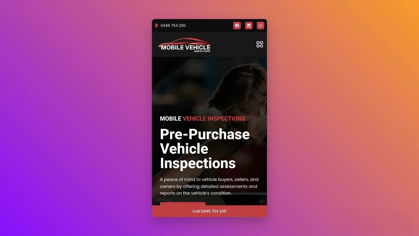 Mobile view of the Mobile Vehicle Inspection website showing pre-purchase vehicle inspection service and contact button.
