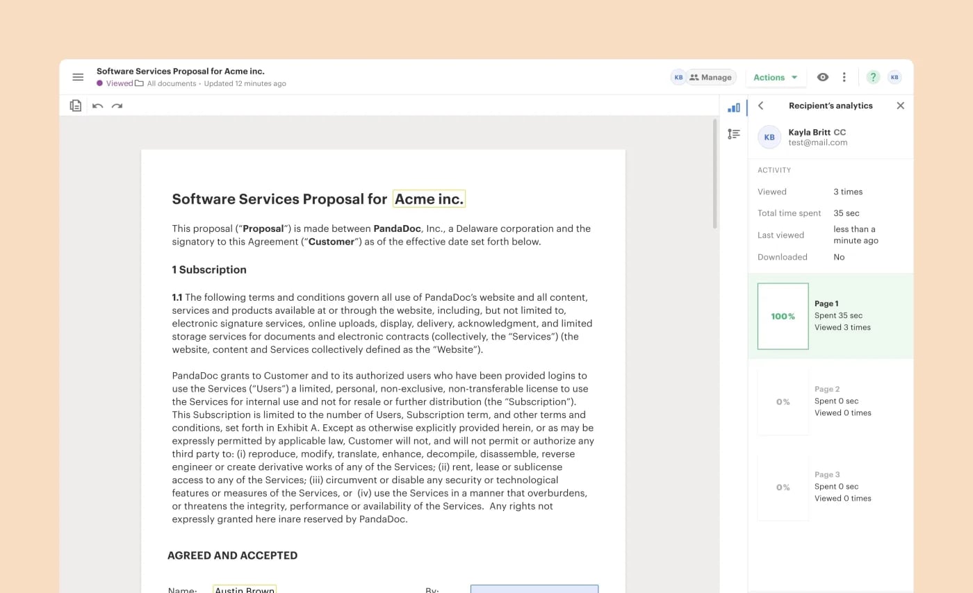 PandaDoc Software Services Proposal with Recipient’s analytics panel showing views, time spent, and page-level engagement.