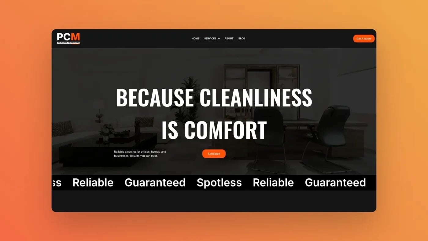 Screenshot of the new PCM & Regional website featuring a bold black and orange design with the headline showcasing the modern rebrand and professional layout.