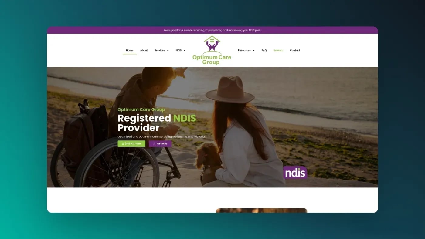 Screenshot of the redesigned Optimum Care Group website homepage showing a beach scene with a person in a wheelchair and support worker.