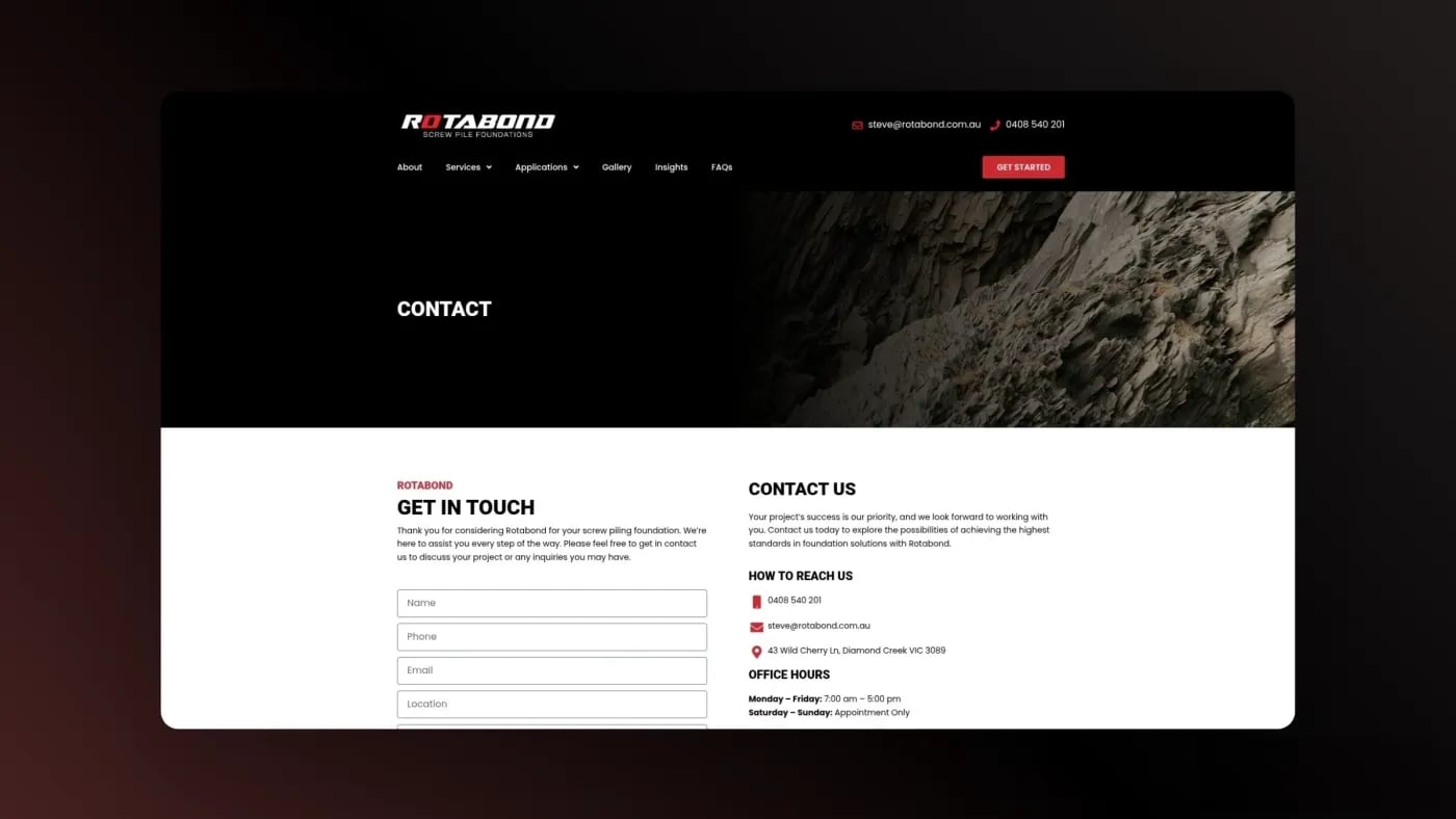 Rotabond contact page showing office details, enquiry form, and contact information for project consultations.