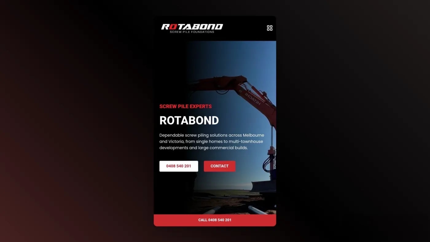 Mobile view of the Rotabond website showing a construction site with an excavator installing screw piles under clear blue sky.