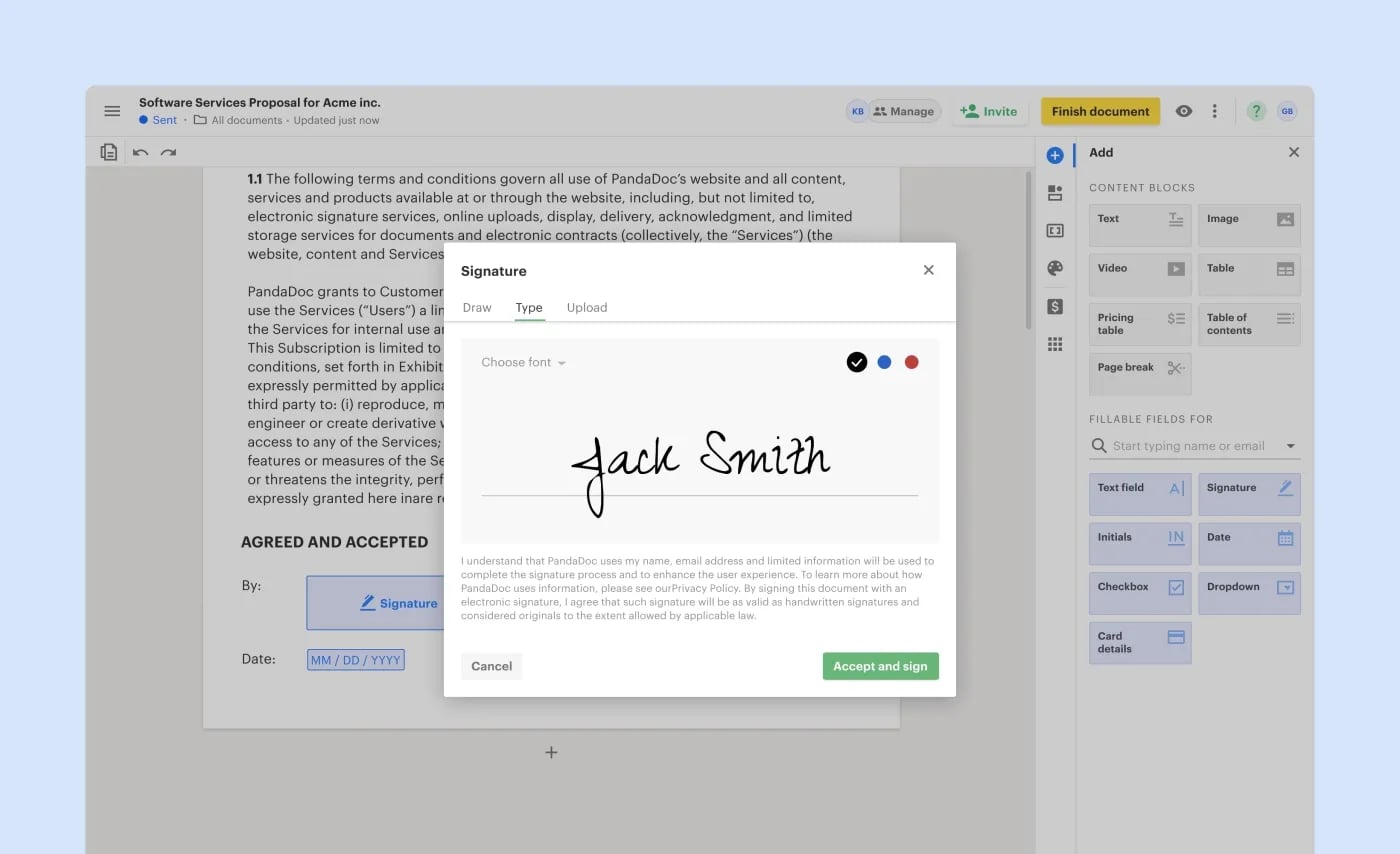 PandaDoc eSignature modal with Type selected and a typed “Jack Smith” signature plus Accept and sign button over a contract draft.