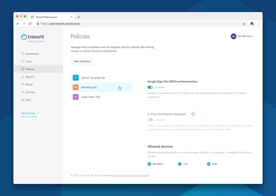 Tresorit admin center policies page with authentication and device restrictions.