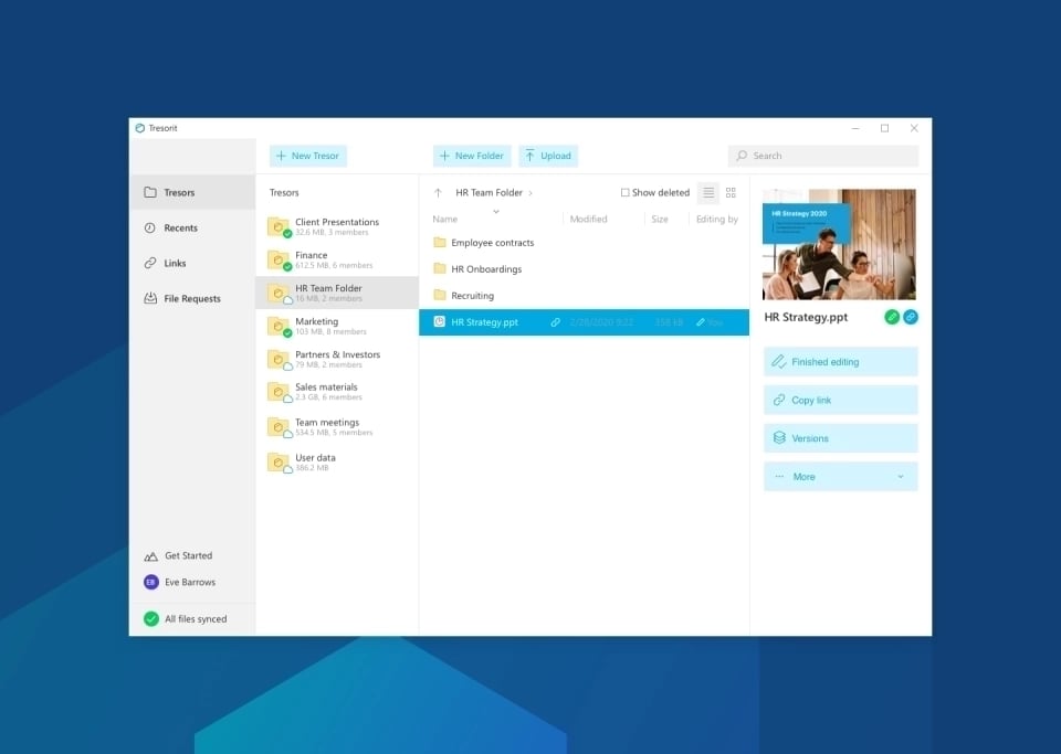 File management dashboard in tresorit showing team folders and hr strategy presentation.