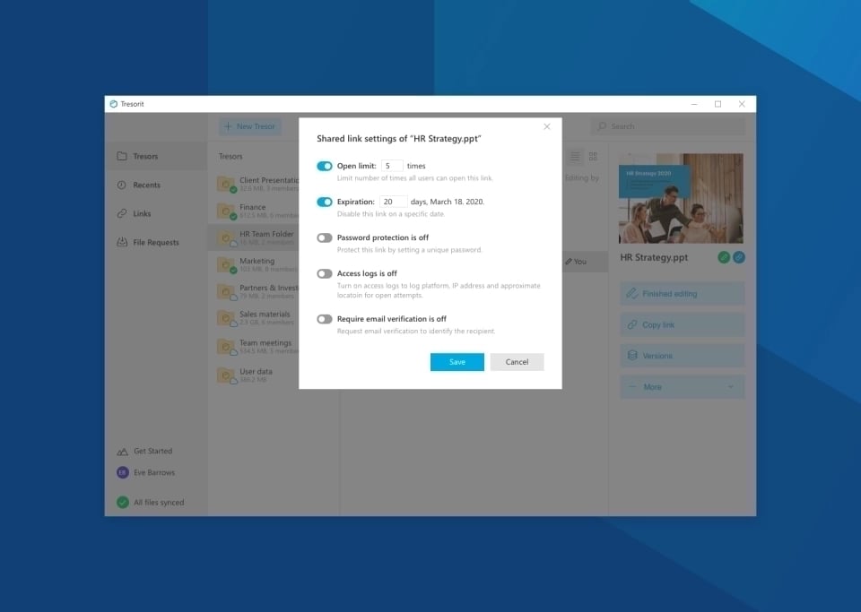 Shared link settings window in tresorit with options for limits, expiration, password, and email verification.