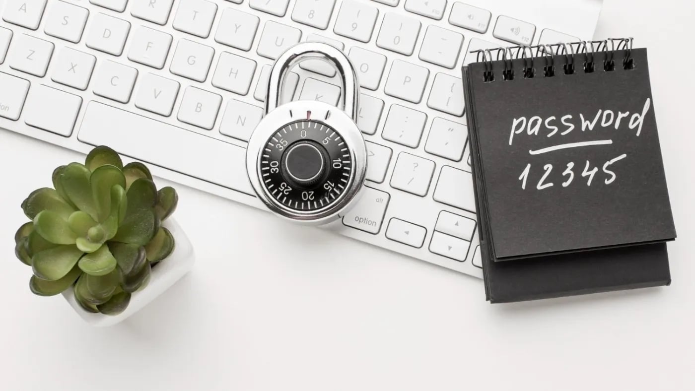 Notebook with "password 12345" written on it, placed on a white keyboard next to a padlock and a small green succulent plant - symbolizing weak password security.