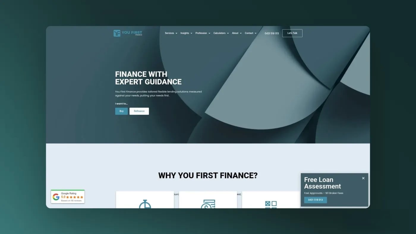 You First Finance homepage screenshot, landing page.