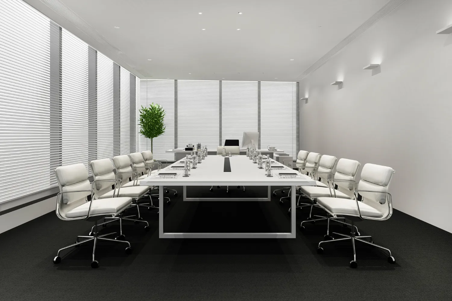 Modern executive boardroom with white chairs, long conference table, and floor-to-ceiling blinds.