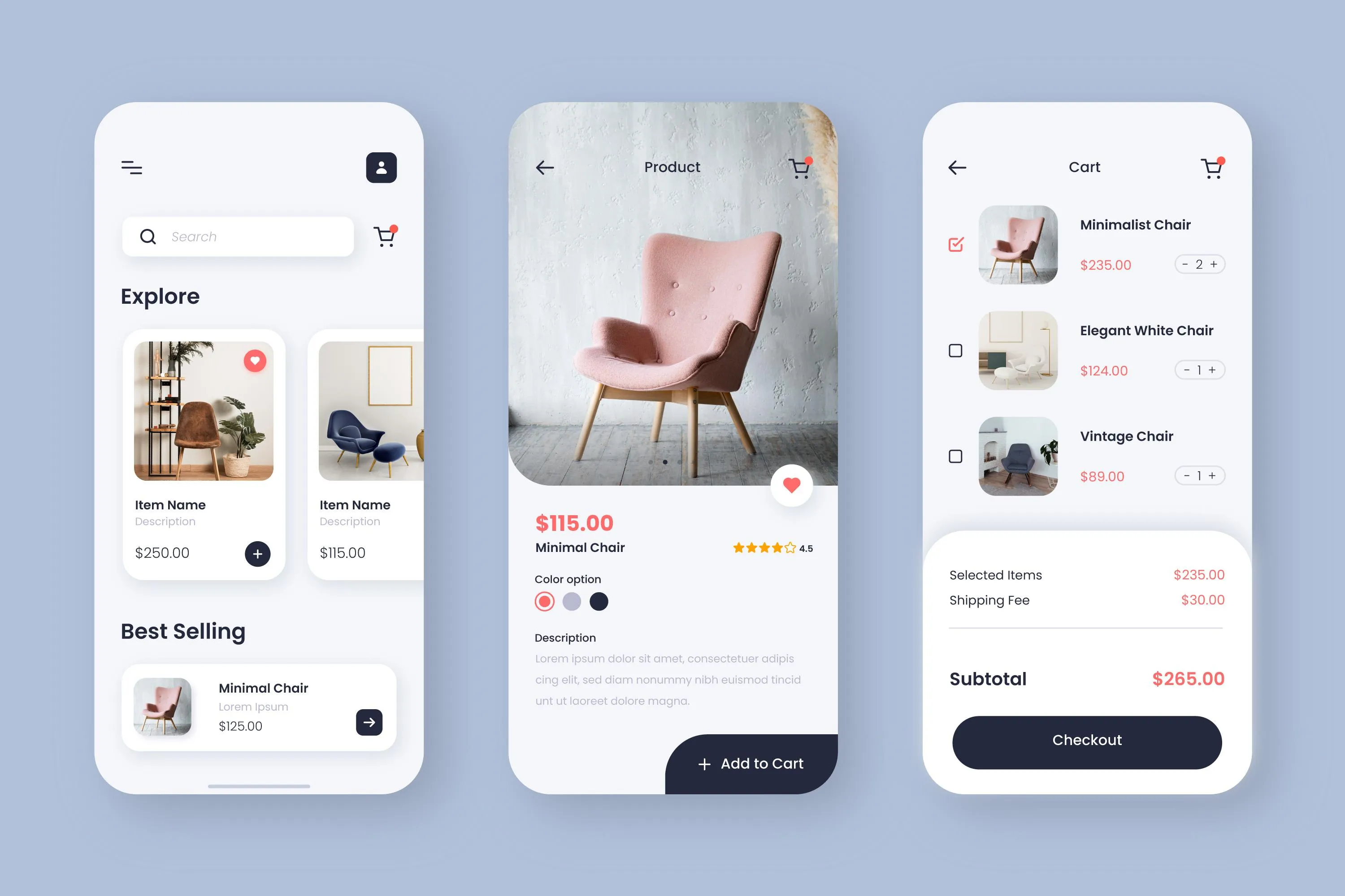 Mobile e-commerce app interface displaying furniture shopping screens: product exploration, detailed view of a pink chair, and a shopping cart summary.