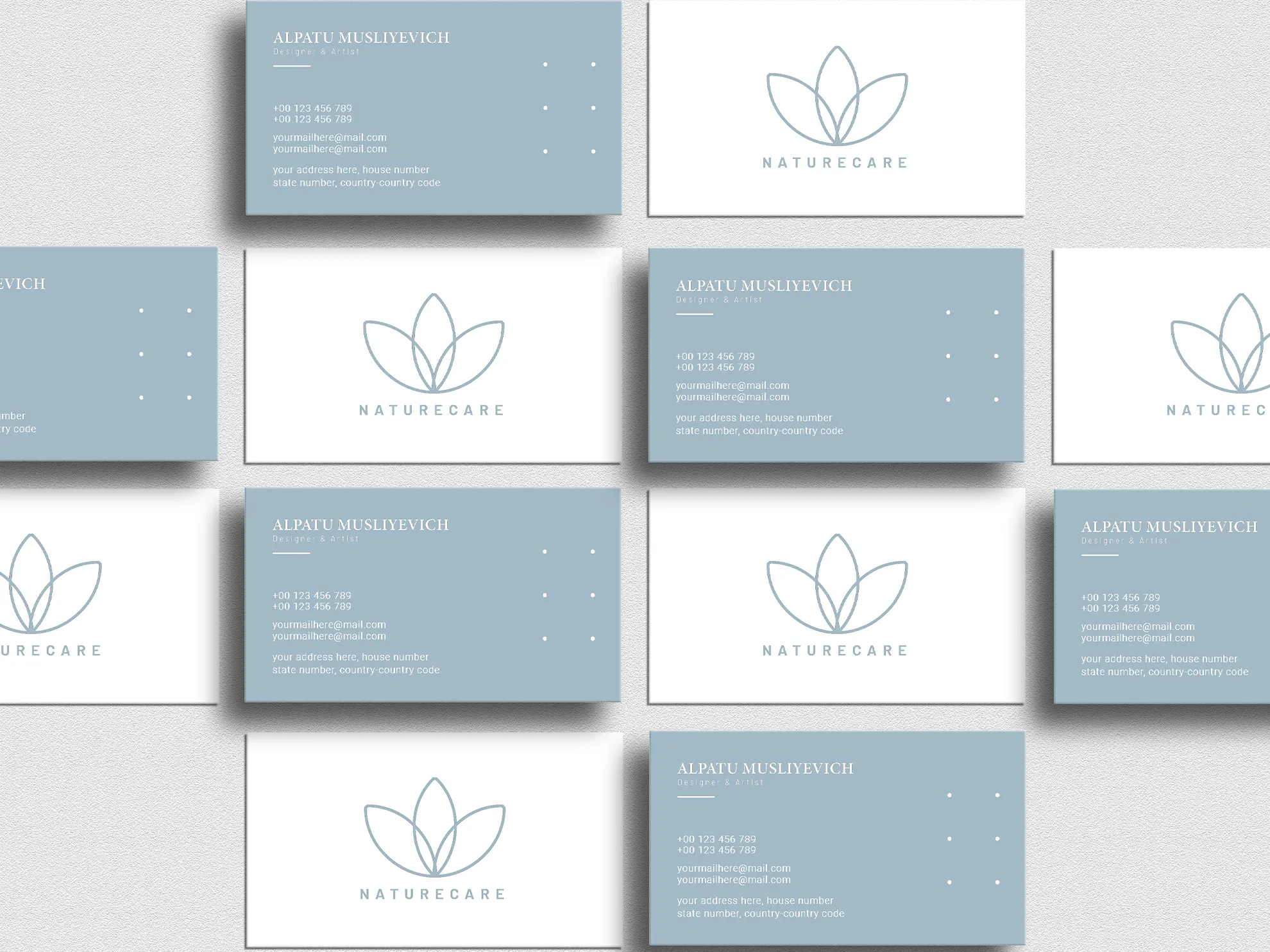 Minimalist business cards for “Naturecare” featuring a leaf logo and soft blue and white color scheme, arranged in a flat lay.