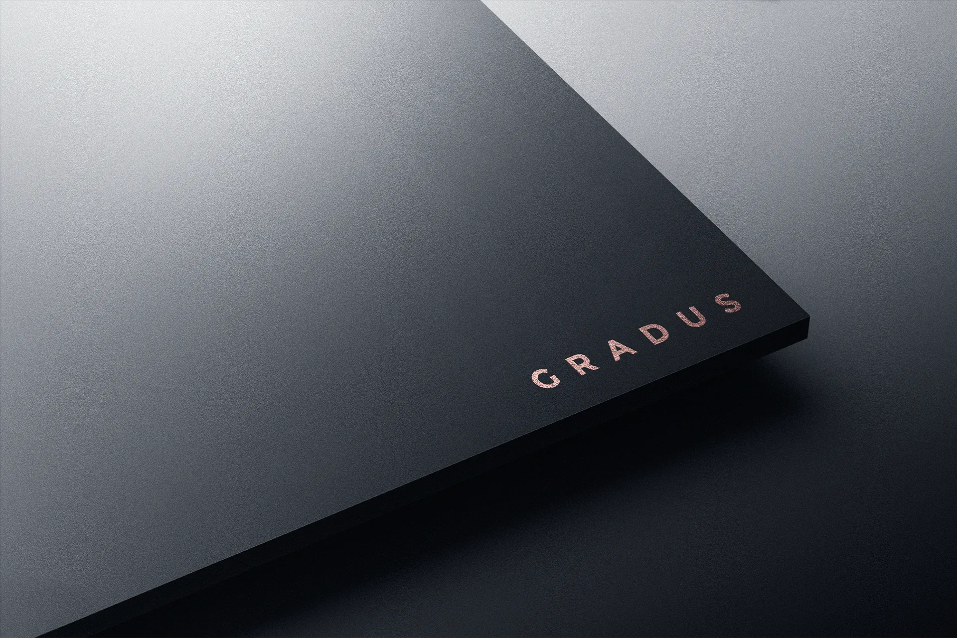 Close-up of a sleek black folder with the word “GRADUS” embossed in metallic pink letters.