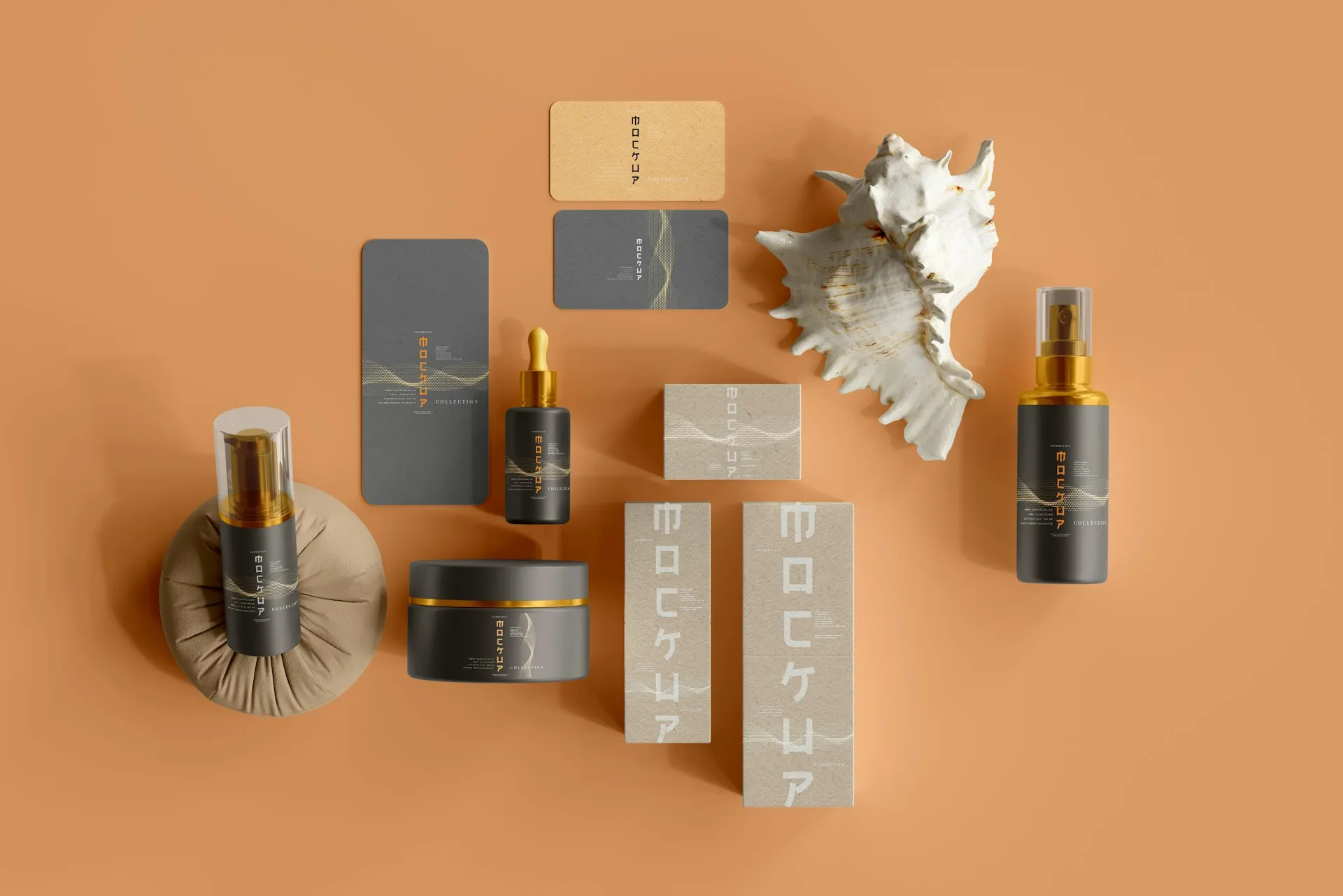 Luxury skincare packaging set on a warm orange background, featuring gold-accented bottles, jars, and boxes alongside branded cards and a white seashell.